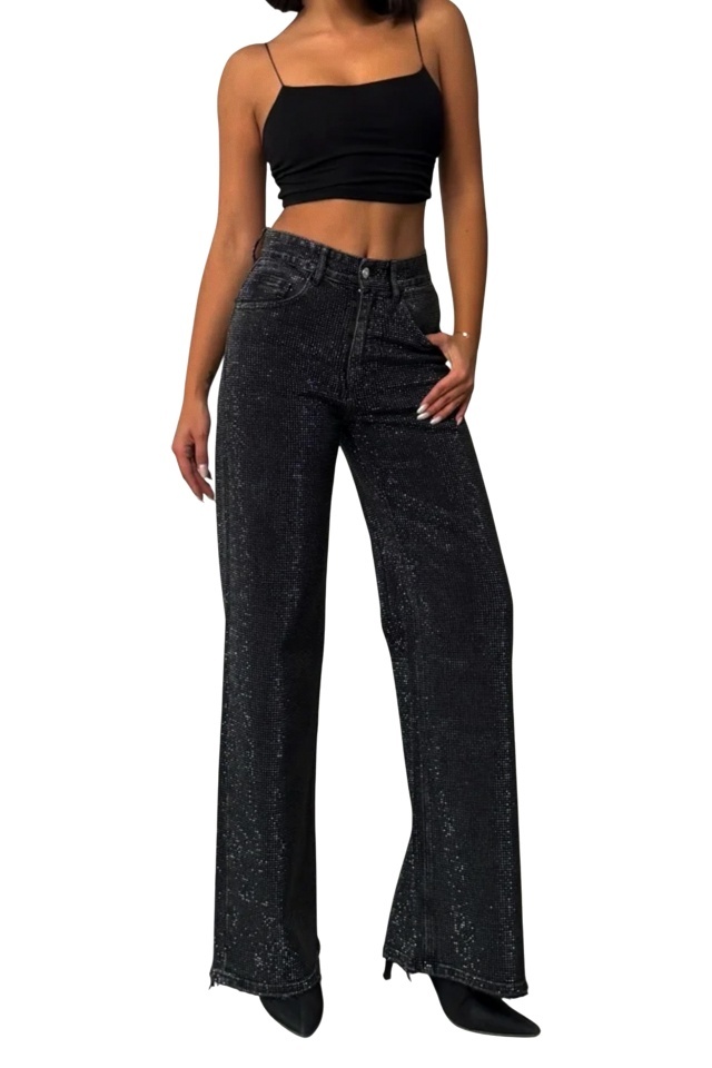 Blugi wide leg cu elastan, MYLANO si strasuri, Negru