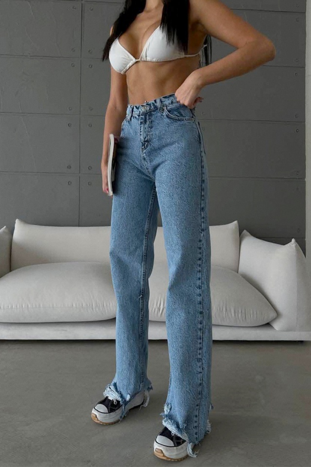 Blugi wide leg Yukatan, cu tiv perforat si aspect prespalat, Albastru Cyan - 2 | YEO