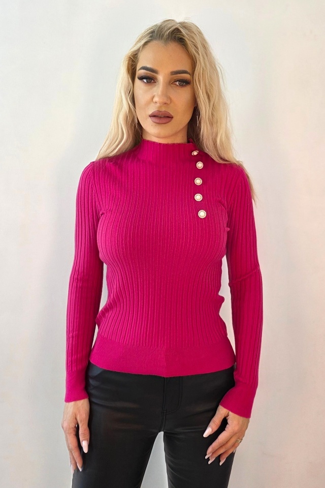 Bluza de dama ELORIA, cu guler inalt si nasturi perlati, Fucsia