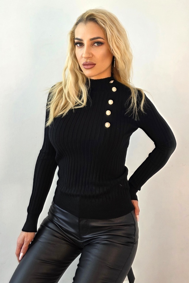 Bluza de dama ELORIA, cu guler inalt si nasturi perlati, Negru