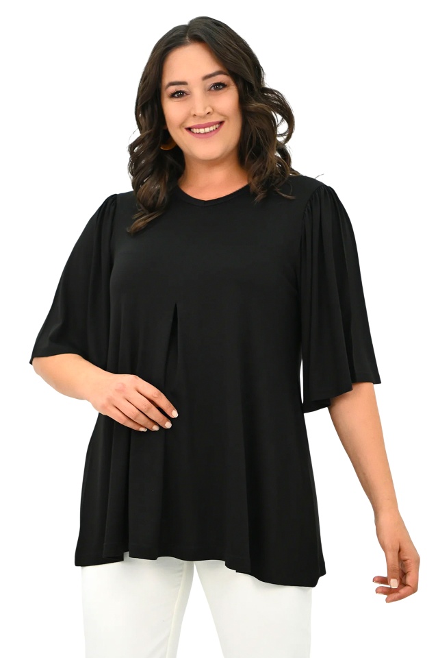 Bluza evazata VILMA, anchior si maneca cu falduri, Negru - 3 | YEO