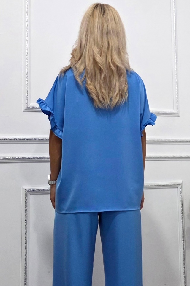 Bluza vaporoasa NORYA, cu maneca scurta si volane, Albastru deschis - 1 | YEO