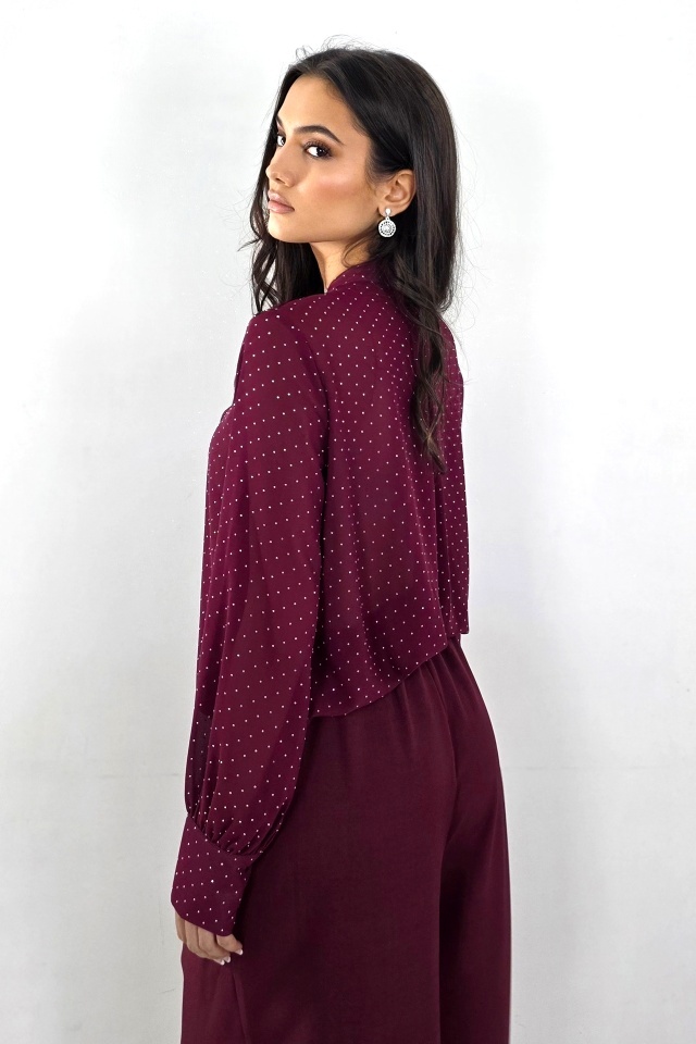 Camasa eleganta de dama Daliah cu volane si buline, Burgundy, Marime S/M - 1 | YEO