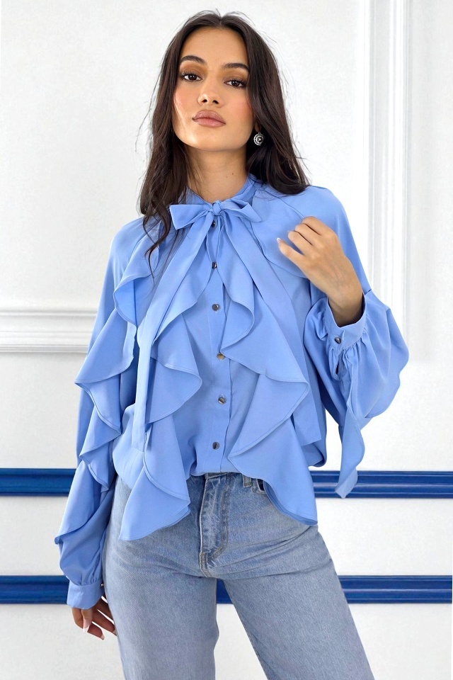 Camasa eleganta Jordany, cu volane multiple si butoni aurii, Baby Blue - 3 | YEO