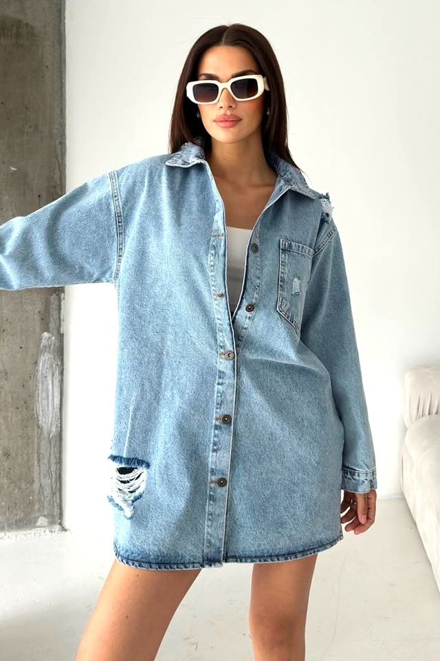 Camasa lunga denim perforat Tunik, imprimeu cu grafica realista si cromatica dinamica, La BUBU Macaron - 1 | YEO