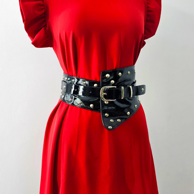 Centura corset cu catarama Teo Sky, elastica, cu note lucioase si detalii metalice, Negru