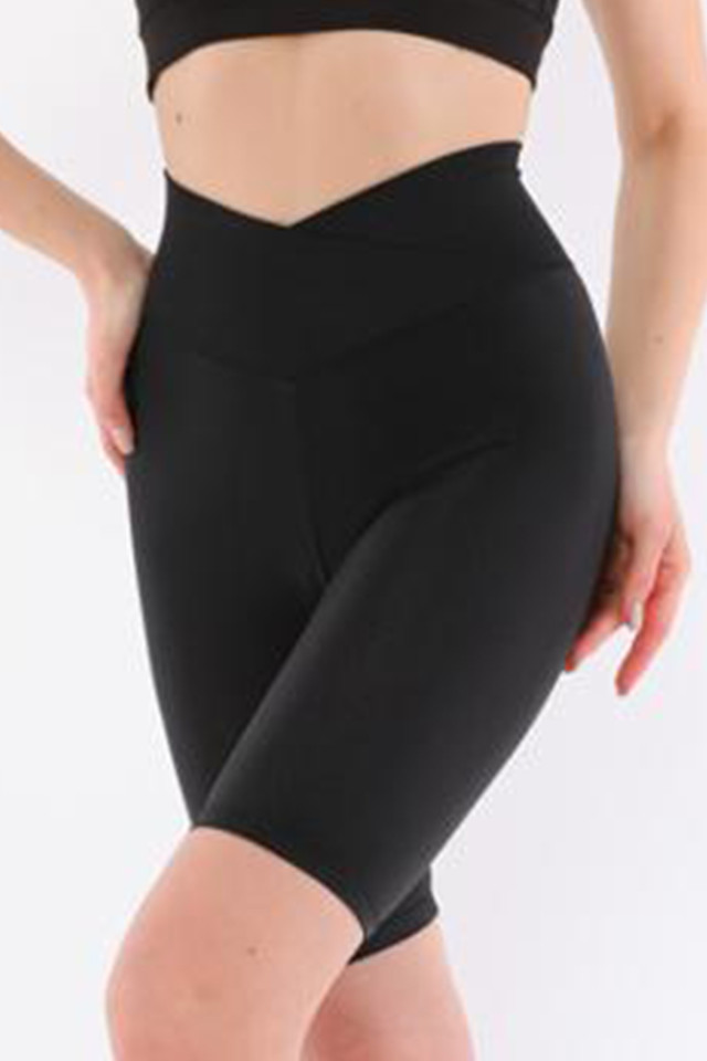Colanti scurti fitness Mary cu aspect lucios, talie in v negru - 3 | YEO