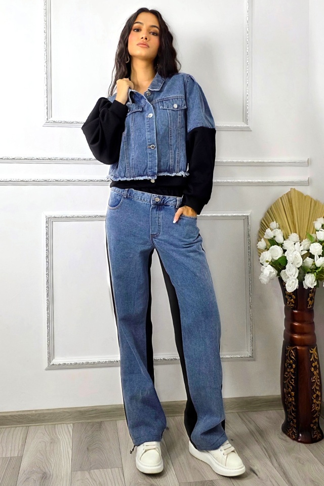 Compleu bumbac si denim Samya, pantaloni si jacheta cu butoni, Negru, Marime S/M - 2 | YEO