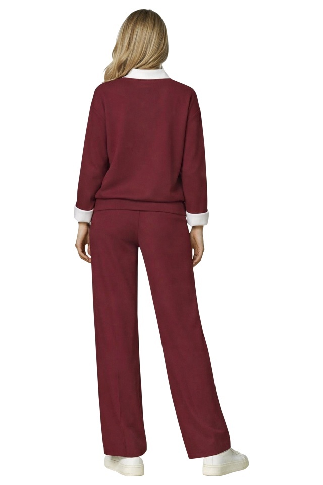 Compleu casual ALYA, cu bluza tip camasa si pantaloni lejeri cu snur, Burgundy, Marime S/M/L