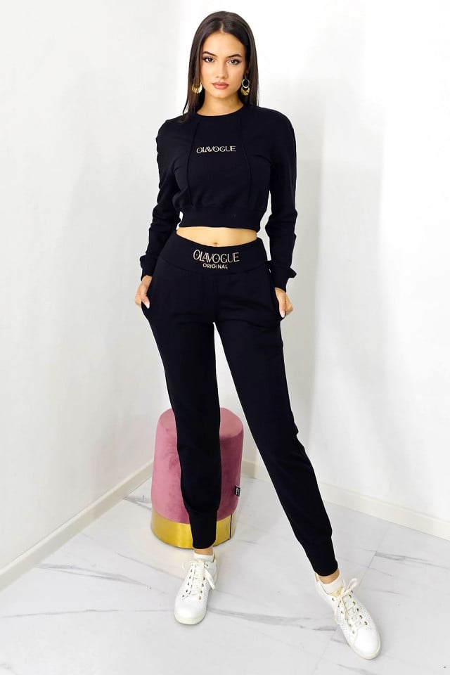 Compleu casual, OlaVogue, pantaloni cu buzunare si bluza crop, Negru