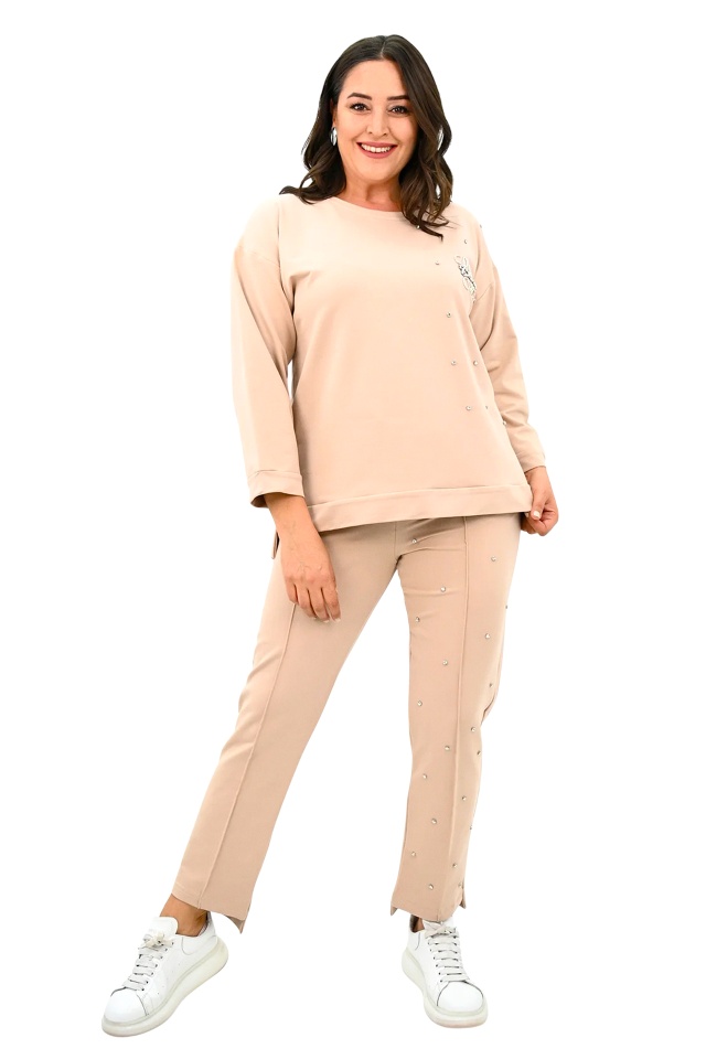 Compleu casual TAYRA, pantaloni asimetrici si bluza cu strasuri, BEJ Nude - 3 | YEO
