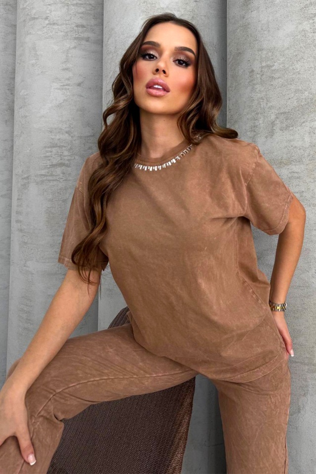 Compleu catifelat RAVEL, cu tricou stilizat si pantaloni cu snur, BEJ - 3 | YEO