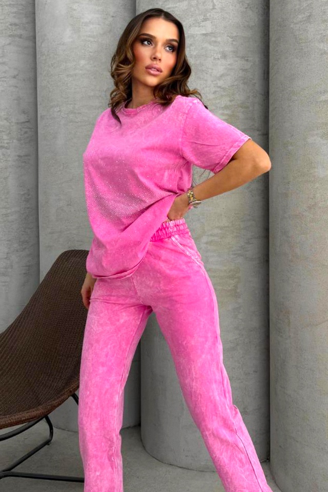 Compleu catifelat ROSSA, tricou cu strasuri si pantaloni cu buzunare, ROZ - 3 | YEO
