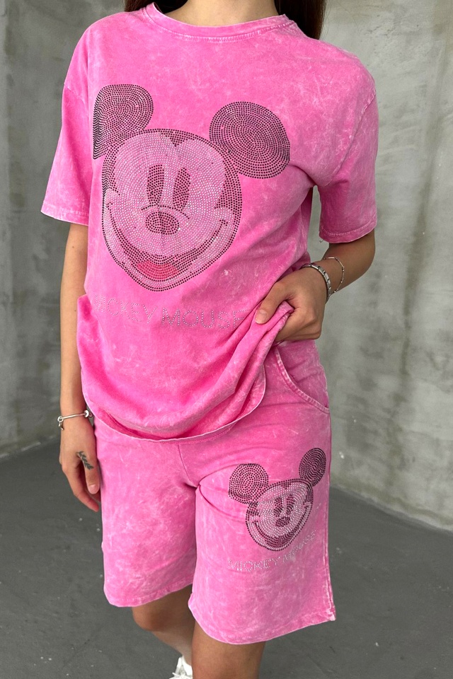 Compleu de dama RUDY, pantaloni scurti si tricou cu paiete, Roz Mickey - 2 | YEO