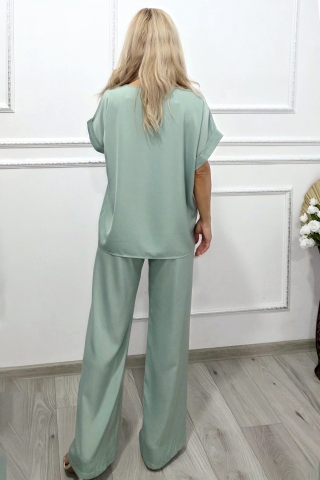 Compleu elegant de vara LYRA, pantaloni lejeri si bluza cu manseta, Vernil - 1 | YEO