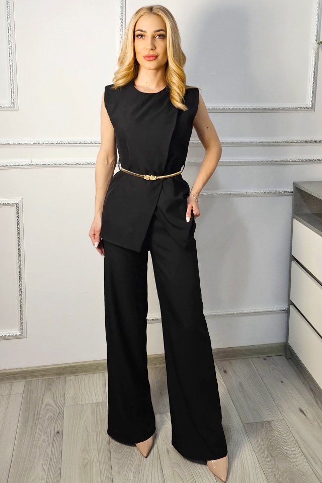 Compleu elegant Kareea, vesta lunga asimetrica si pantaloni lejeri cu buzunare, Negru - 3 | YEO