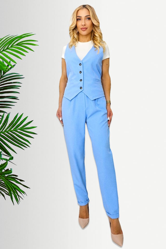 Compleu elegant TopStyle, cu vesta cambrata si pantaloni croi pană, Albastru baby blue, Marime S/M