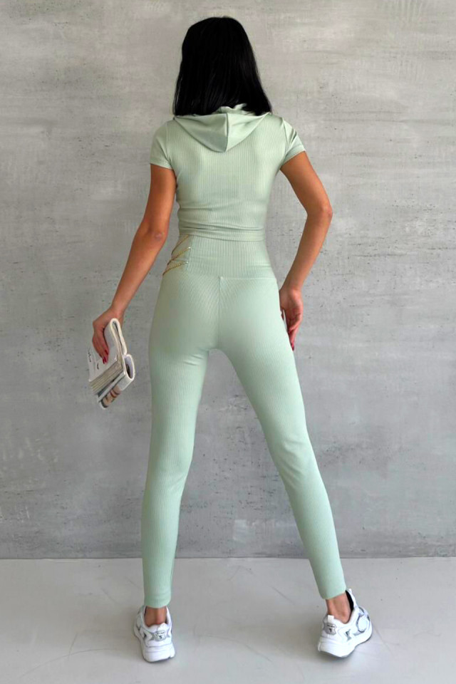 Compleu fitness Timote, bluza cu maneca scurta si colanti cu snururi metalice, Verde deschis