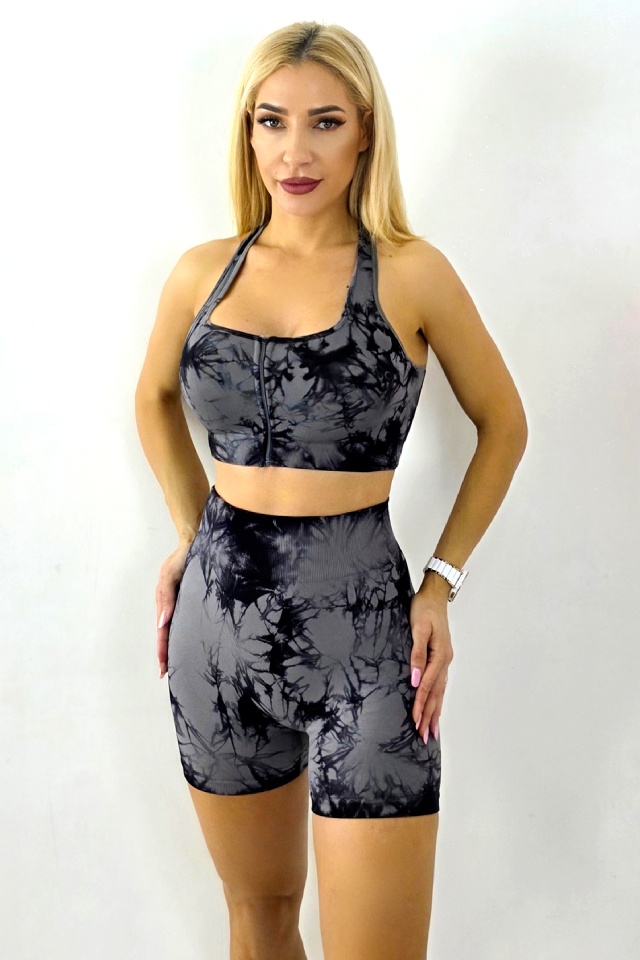 Compleu fitness ZAMIR, top, cupe buretate si colanti scurti push up, Gri/Negru