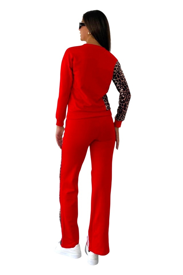 Compleu sport animal print LEONA, cu pantaloni lungi si bluza, Rosu - 2 | YEO