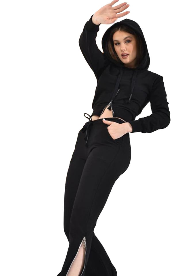 Compleu sport dama, Shary, pantaloni cu fermoar in partea inferioara si bluza cu gluga, Negru - 3 | YEO