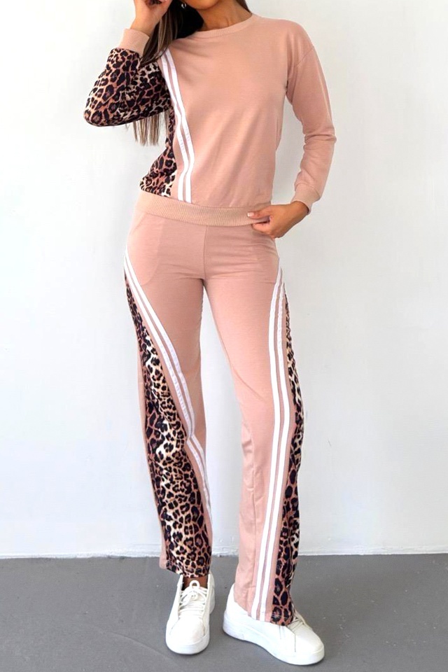 Compleu sport de dama LEONA, cu animal print bicolor, Roz prafuit - 3 | YEO