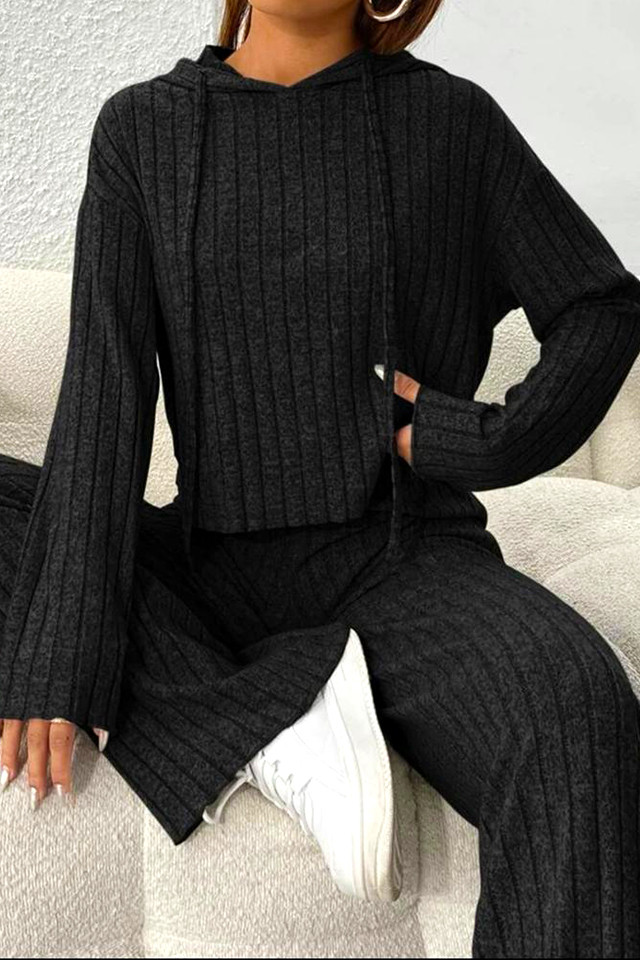 Compleu tetra Scarlett, cu bluza large, gluga si pantaloni lejeri, Negru - 2 | YEO