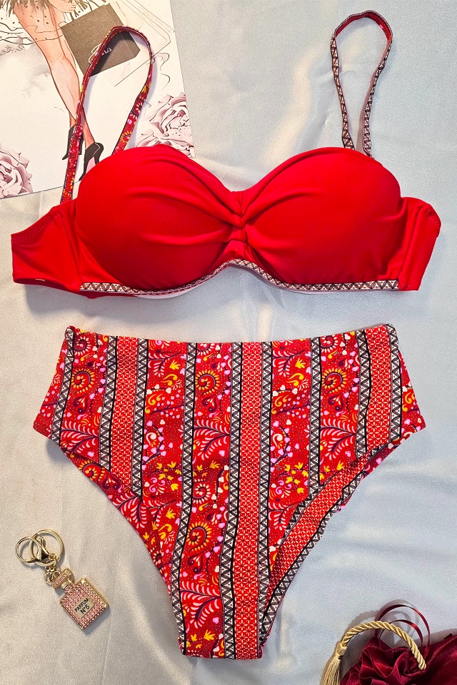 Costum de baie doua piese IVORIN, slip floral si sutien cu push up, ROSU - 2 | YEO
