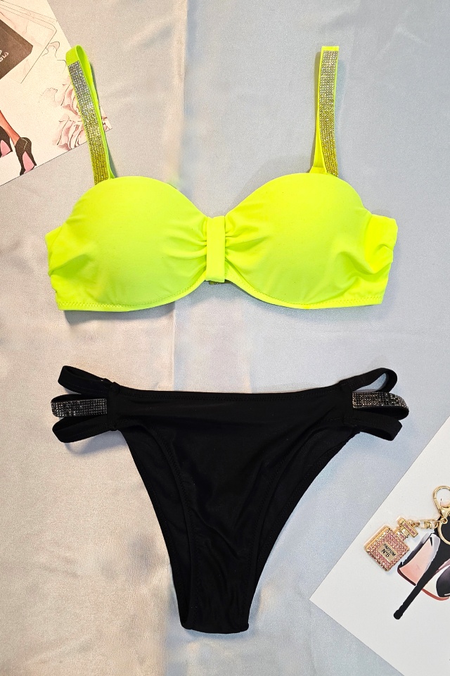 Costum de baie doua piese MONIKA, slip decupat si sutien cu inchidere metalica, Galben/Negru - 3 | YEO
