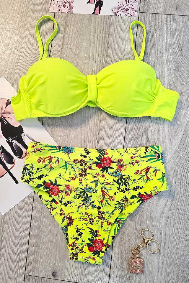 Costum de baie doua piese VELYN, slip talie inalta si sutien cu push up, Galben Neon - 3 | YEO