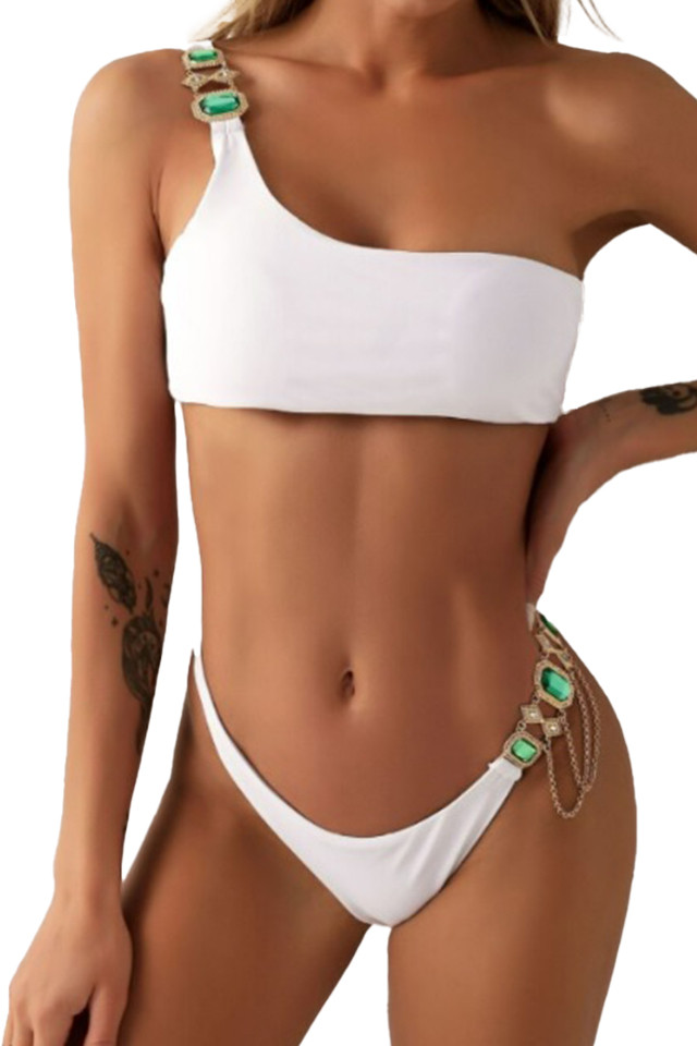 Costum de baie Ibiza, doua piese, cu accesorii metalice, alb - 3 | YEO