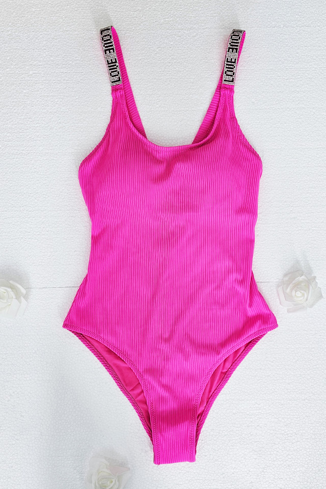 Costum de baie intreg Swim Love, cu bretele reglabile si strasuri artizanale, Roz - 3 | YEO