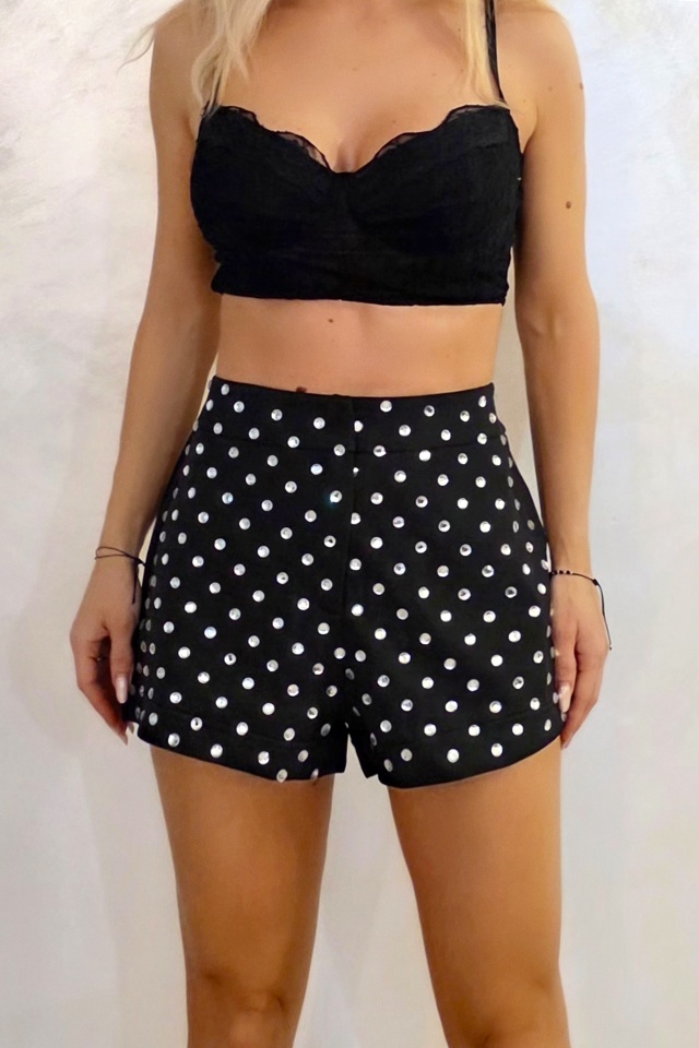 Costum de ocazie LIONA, cu pantaloni scurti si pietre artizanale, Negru