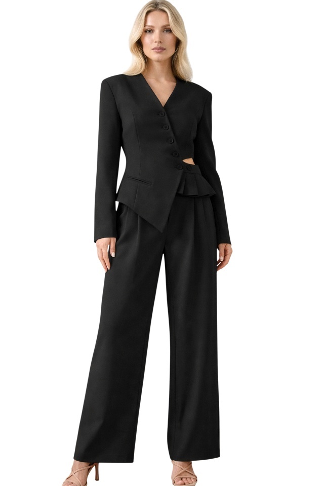 Costum Lareen cu linie moderna si sacou asimetric, decupat in talie, Negru, Marime S/M