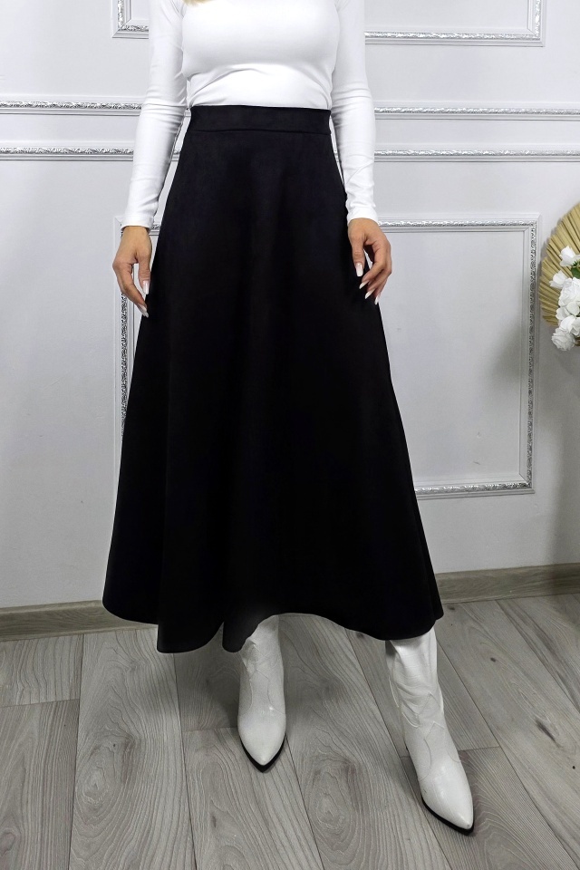 Fusta lunga catifea Tiziana, cu pliuri si croi elegant, Negru