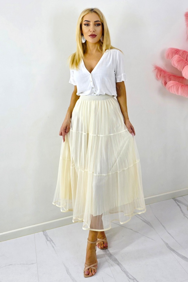Fusta lunga cu doua fețe, LUNA, aspect plisat si tull, Crem, Marime S/M/L