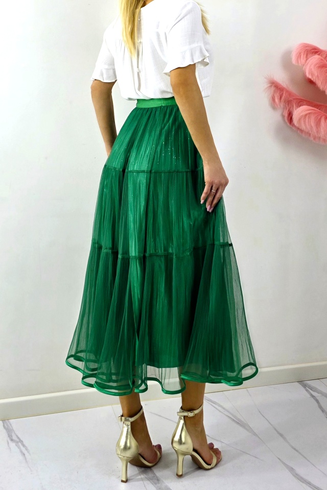 Fusta lunga cu doua fețe, LUNA, aspect plisat si tull, VERDE, Marime S/M/L