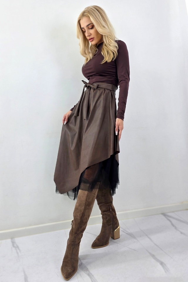 Fusta lunga cu tull asimetric, Florentina, piele eco si cordon cusut, Maro, Marime S/M
