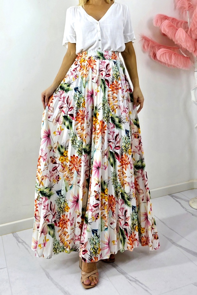 Fusta lunga de vara, plisata ALVINA cu imprimeu floral, Orange, Marime S/M - 2 | YEO