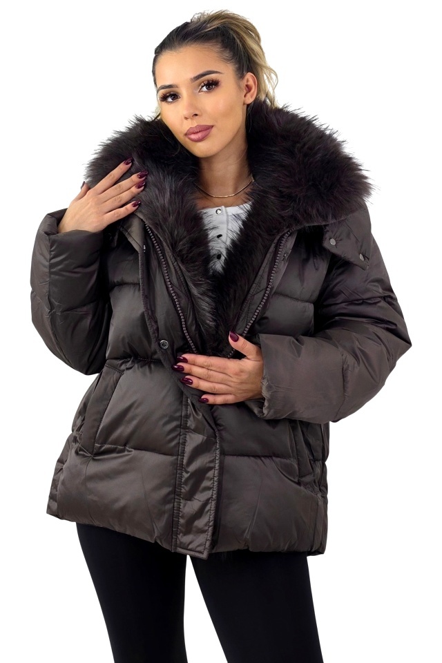 Geaca groasa de fas, SoReal, asimetrica, cu guler din blana eco, MARO