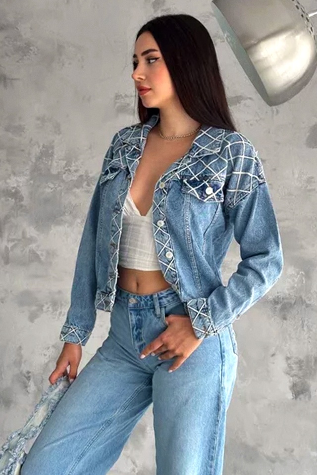 Geaca scurta de dama Arusha, cu detalii geometrice si butoni metalici, Albastru Denim - 2 | YEO