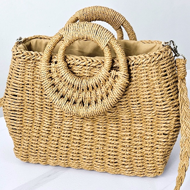 Geanta de plaja STRAW, crossbody, cu husa si lant detasabil, Bej - 3 | YEO