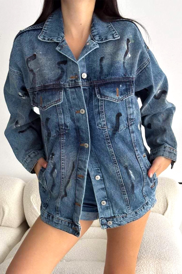 Jacheta dama Graphic Denim, aspect vopsit si imprimeu realist, Albastru inchis