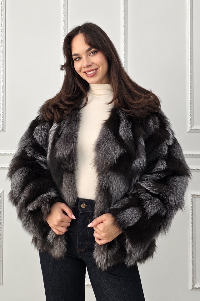 Jacheta din blana naturala de vulpe FELYNA, cu inchidere metalica, Negru/Gri, Marime S/M/L — imaginea 5