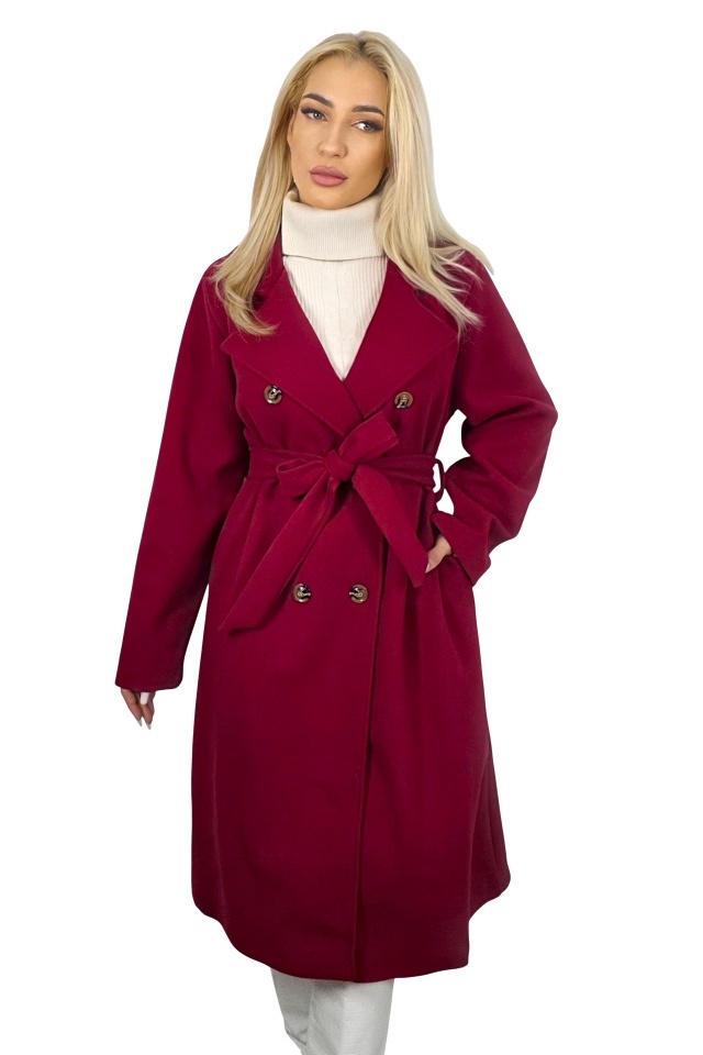 Palton de dama, midi Melanda, cordon detasabil si nasturi, Rosu grena, Marime S/M/L
