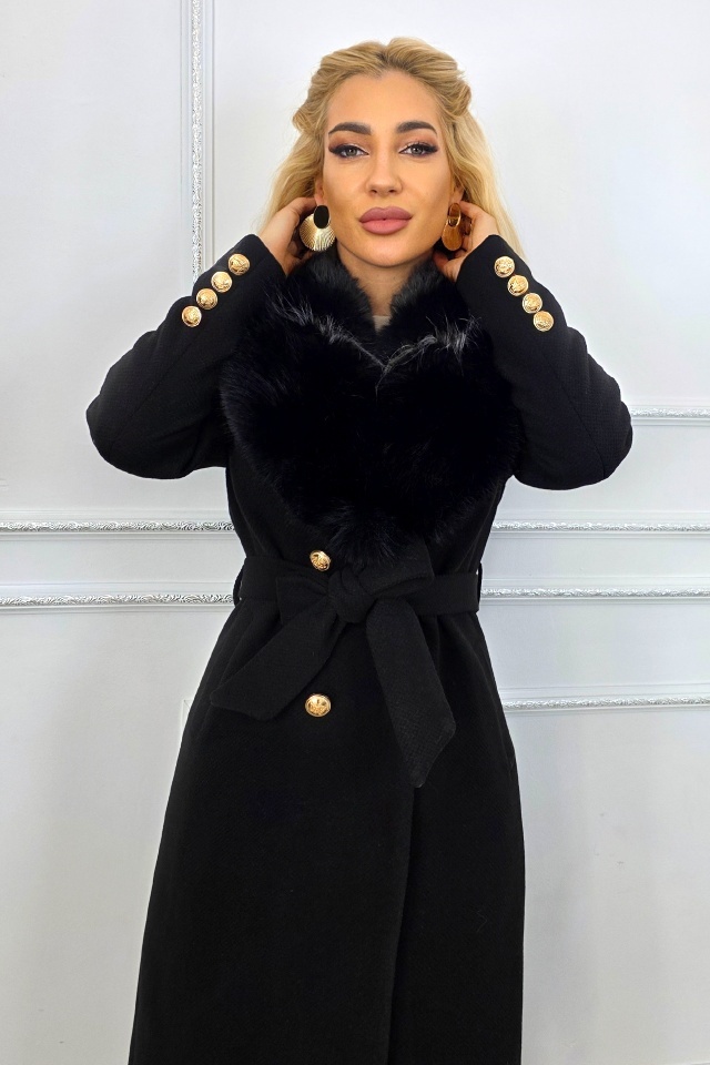 Palton elegant de dama MABELL, cu blana si inchidere cu butoni aurii, Negru - 2 | YEO