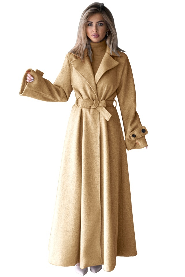 Palton lung cu nasturi Merina, falduri si cordon, Crem, Marime S/M