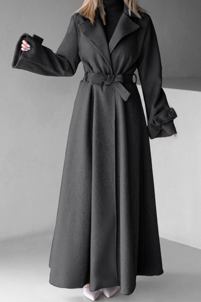 Palton lung cu nasturi Merina, falduri si cordon, Negru Petrol, Marime S/M