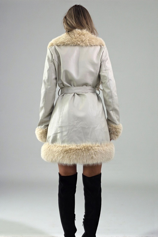 Palton piele ecologica CARMELL, cu cordon si interior imblanit, Crem