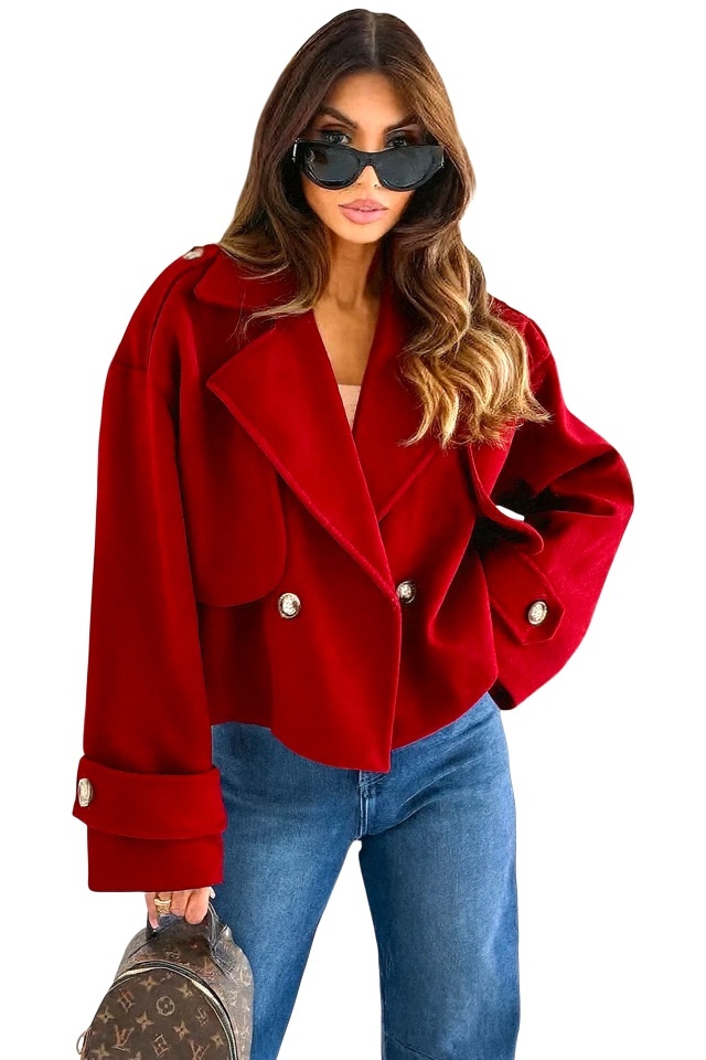 Palton scurt tip fleece Vespera, cu revere si nasturi, Rosu, Marime S/M